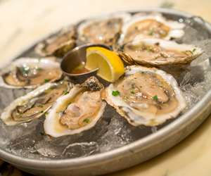 fresh oysters on display over ice